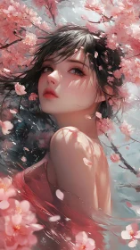 Digital painting portrait amid drifting sakura blossoms.