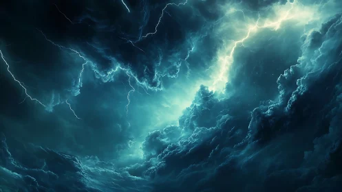 Tempestuous teal storm clouds ignited by forked lightning.