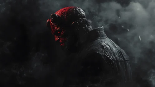 Volumetric-lit horned figure in cinematic red-black contrast.