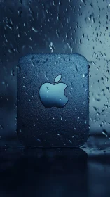 Apple Logo Immersed in Water Droplets Against Deep Teal Gradient.