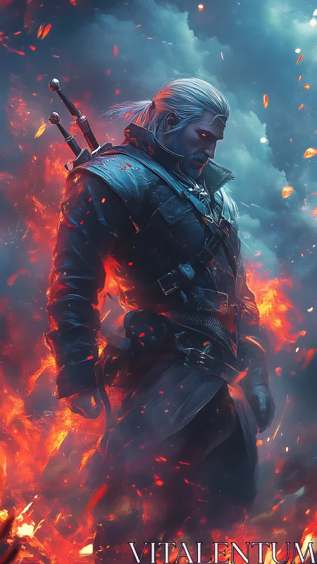 Armored white‑haired swordsman in inferno, blue smoke contrast