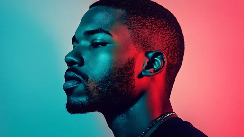 Side profile portrait in bold teal and red lighting.