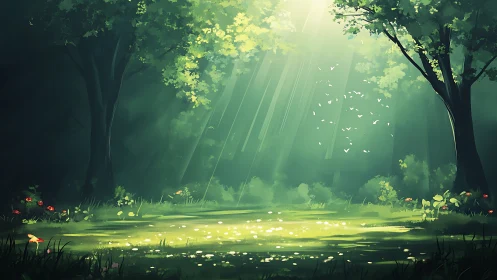 Enchanted Forest Clearing: Luminous Rays Through Ancient Trees.