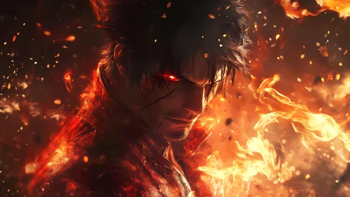 Fiery male character portrait in intense orange flames.