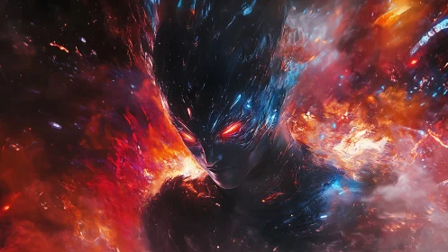 Cosmic fire entity with glowing eyes in swirling nebula