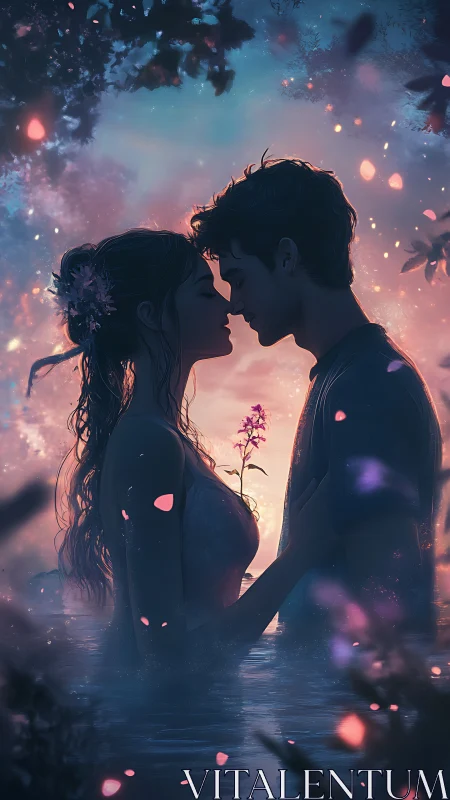 Ethereal Silhouettes: Romantic Couple Submerged in Luminous Particle Atmosphere