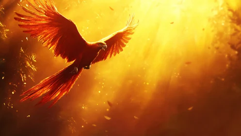 Vibrant Scarlet Macaw in Golden Sunlight, Digital Art Style.