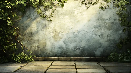 Sunlit ivy wall with aged plaster and stone tile foreground