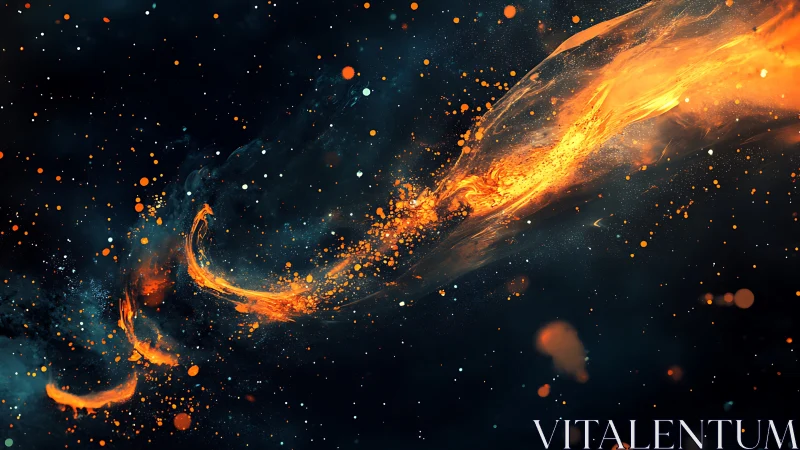 Luminous Energy Streams Against Deep Space. Swirling golden particles cascade through cosmic darknes