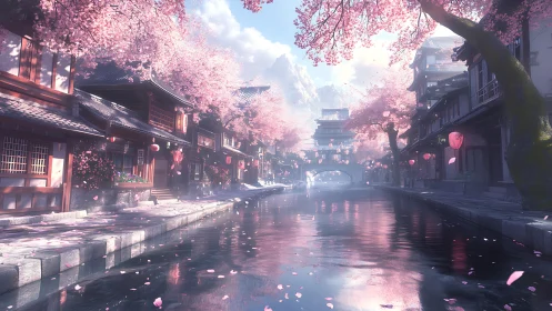 Cherry blossoms line quiet canal between traditional houses