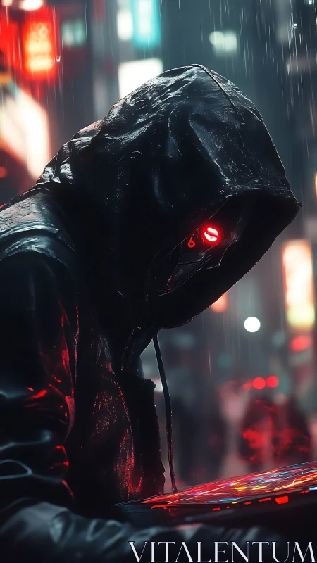 Hooded cyberpunk figure with glowing red robotic eye.