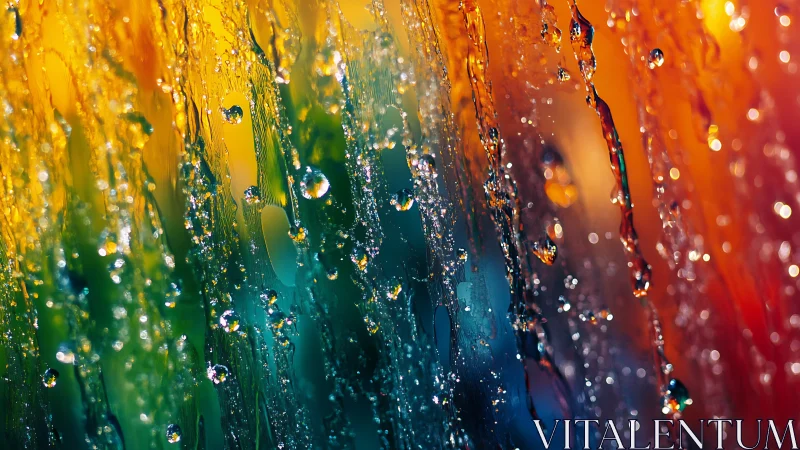 Chromatic raindrops cascading across luminous glass surface.