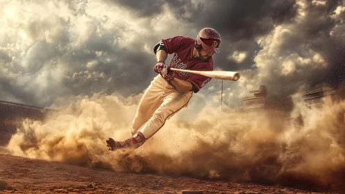Baseball slugger drives through dust under stormy stadium skies