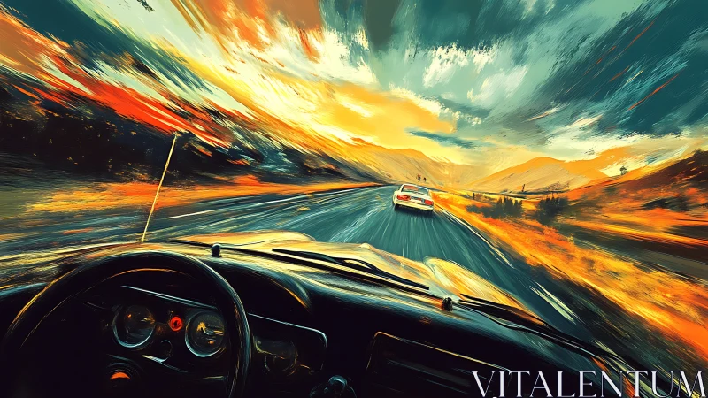 Driver&rsquo;s cockpit view on neon-lit highway at sunset storm