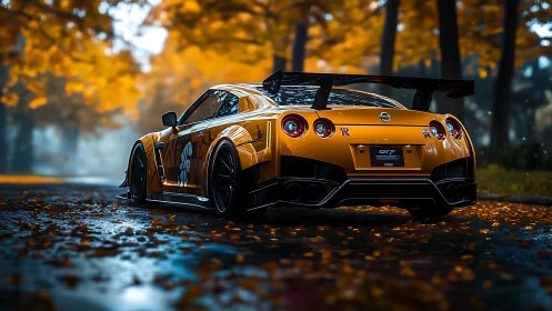 Orange Nissan GT-R on wet autumn forest road at dusk.