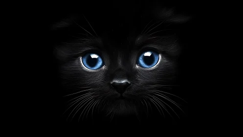 Black Cat with Piercing Blue Eyes Against Dark Background.