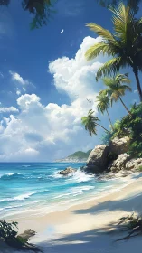 Tropical Beach with Palm Trees and Turquoise Waters.
