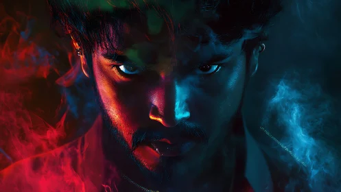 Intense split-color portrait bathed in red and blue smoke.