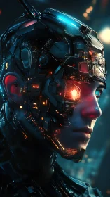 Cybernetic portrait shows glowing neural interface core