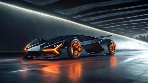 Futuristic hypercar underlit by neon tunnel reflections.