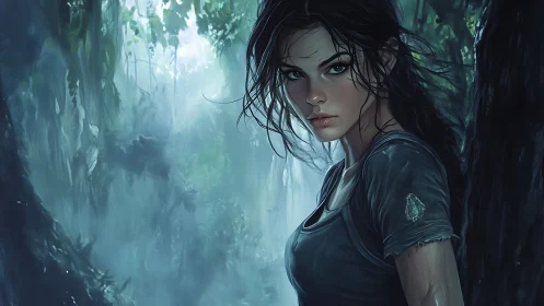 Woman standing in dense misty forest environment at dawn.