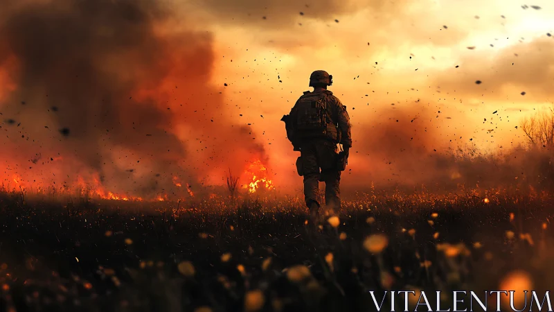 Soldier Running Through Fiery Explosions and Smoke