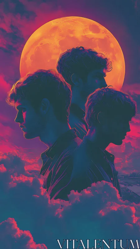 Neon-lit triple portrait unfolds beneath a glowing lunar sky