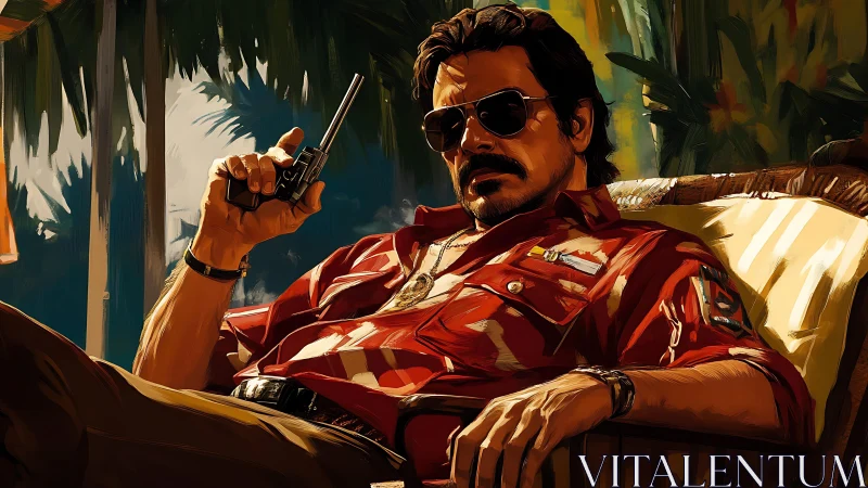 Tropical cartel enforcer reclining with revolver, digital chiaroscuro.