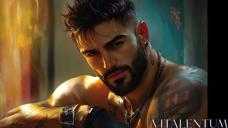 Brooding tattooed man in warm cinematic lighting portrait.
