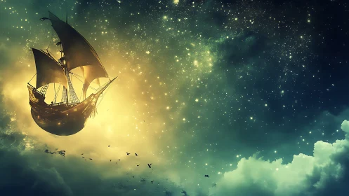 Sailing galleon drifting through luminous starlit sky.