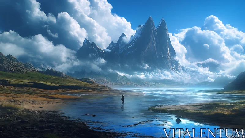 Solitary figure crossing reflective river before jagged spires