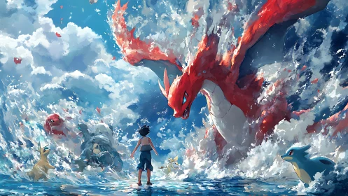 Fiery dragon erupts from stormy sea as young trainer confronts it