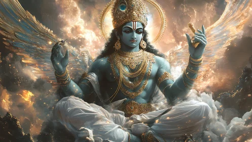 Mythic winged deity in luminous celestial digital painting.