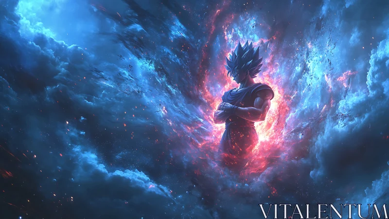 Cosmic warrior stands calm within a blazing nebula storm