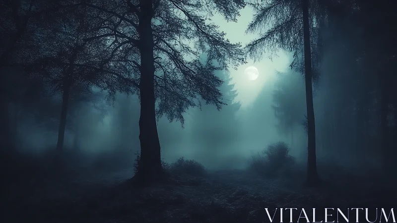 Moonlit foggy forest under deep blue night sky.