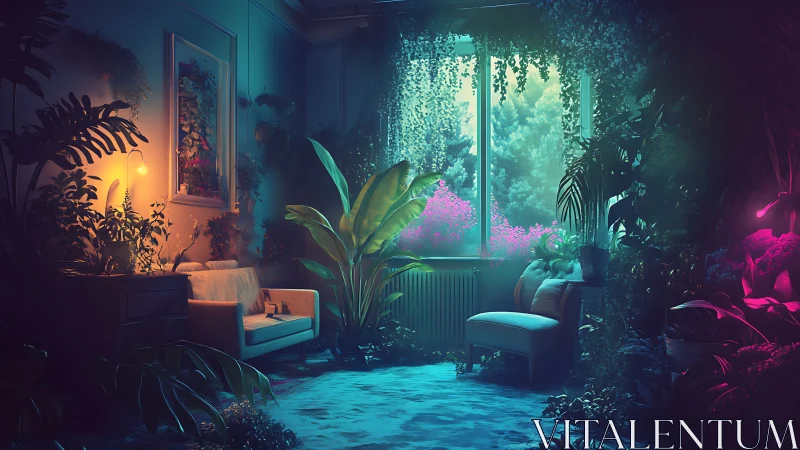 Neon jungle lounge where houseplants drink moonlight.