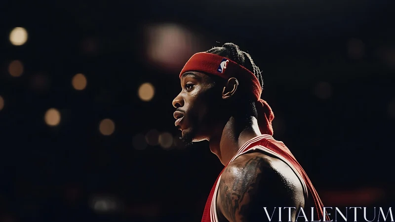 Portrait of focused basketball guard under arena lights.