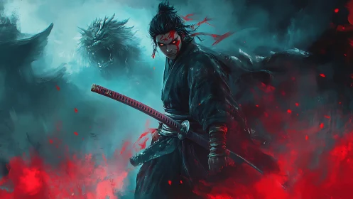 Cursed samurai warrior amid spectral dragon firestorm.