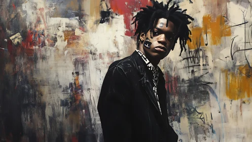 Young person stands before layered abstract painted wall