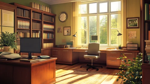 Sunlit home office with wooden desks and bookshelves.