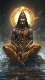 Divine warrior yogi in golden meditation by radiant halo.