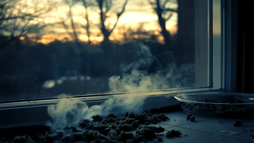 Smoldering plant material on interior sill at dusk.