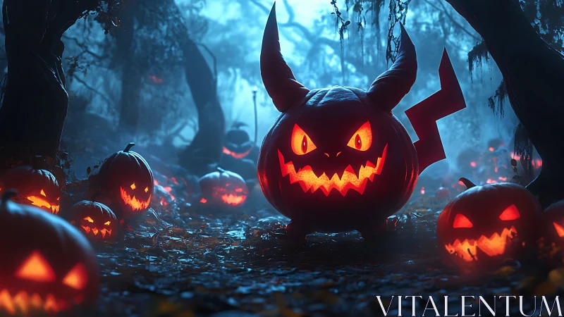 Playful pumpkin creature grins boldly in a glowing forest
