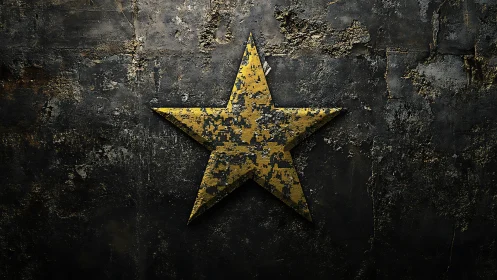 Aged metallic star relief contrasts against corroded steel wall