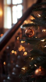 Shallow depth rendering isolates copper bauble on lit fir branch