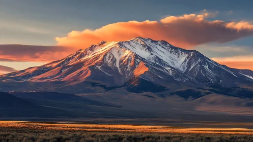 Snowcapped mountain ridge catches warm sunrise light