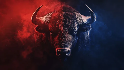 Bison portrait split by red and blue atmospheric smoke.