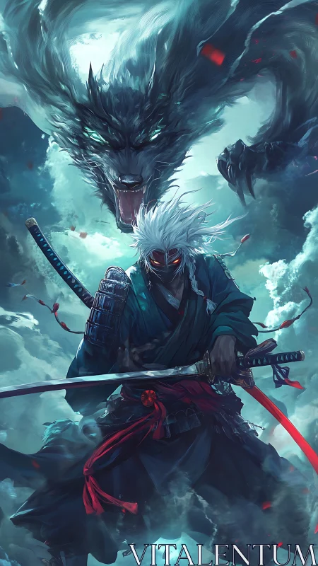 Stormlit ronin and spectral wolf unleash a skybound fury.