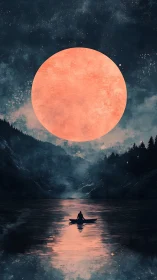 Solitary rower under oversized red moon with reflective lake glow