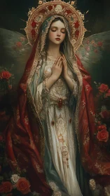 Iconic robed figure with ornate aureole and floral regalia.